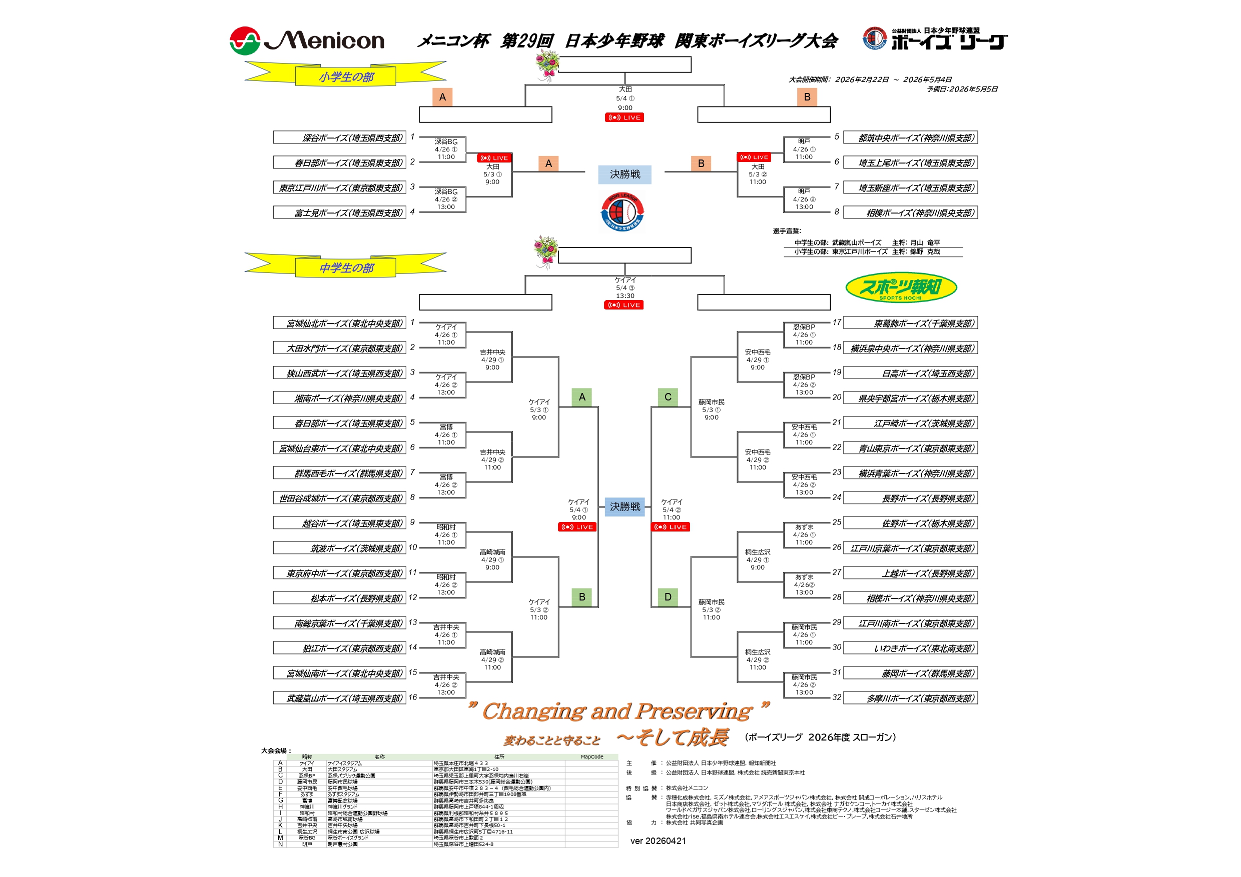 【変更】メニコン杯 第29回 日本少年野球　関東ボーイズリーグ大会 決勝トーナメント　試合会場変更のお知らせ